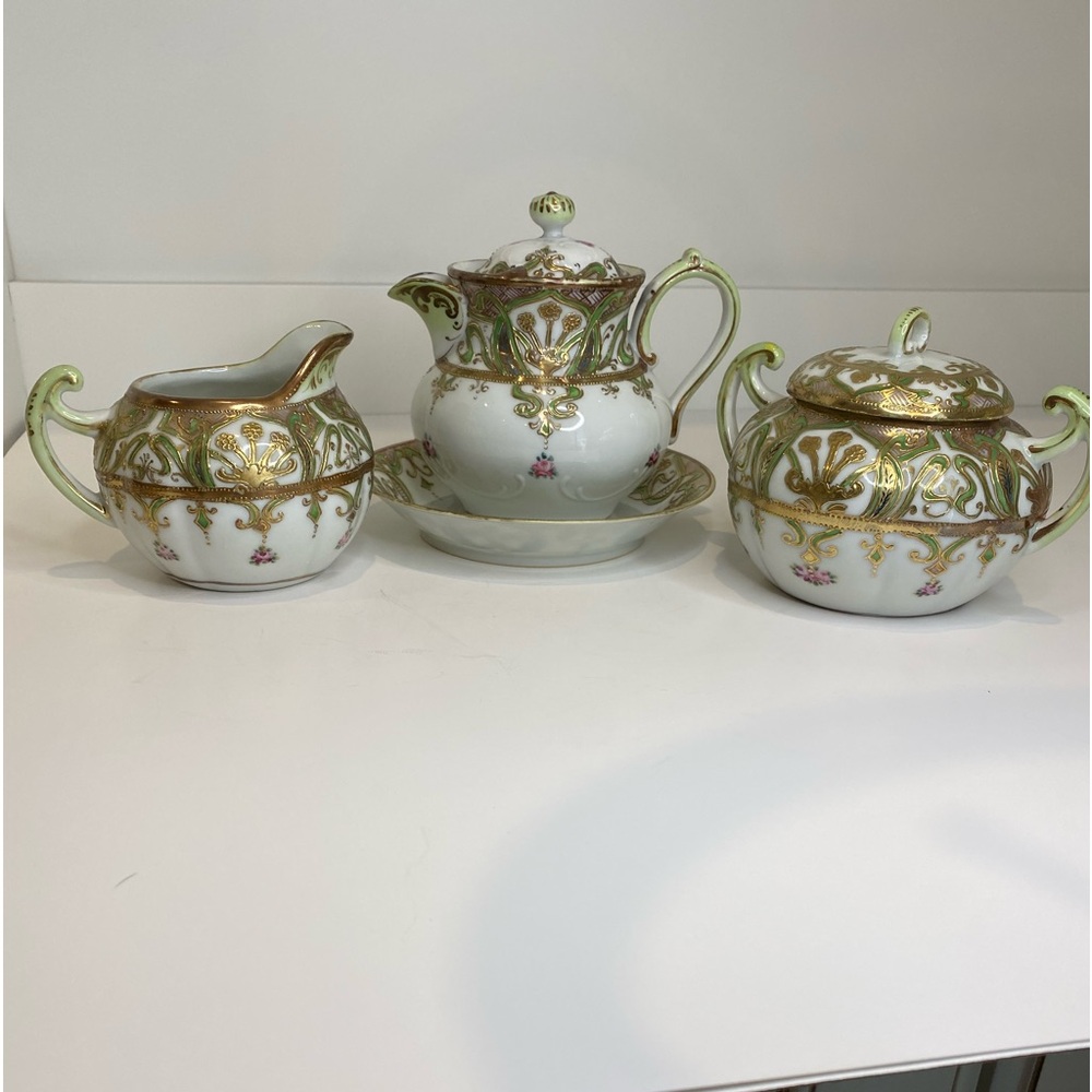 Antique Hand Painted Moriage Nippon 4 Pc Set Small Teapot Cream Sugar with Lid